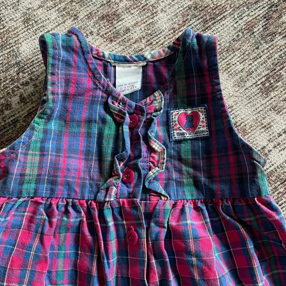 OshKosh B'gosh Romper Pink Plaid Ruffle Heart Patch Baby Girl 6-9M Vintage